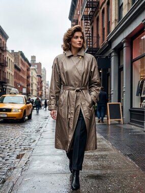 Vintage British Mist 16 Womens Metallic Taupe Long Trench Coat Belted 80s 90s